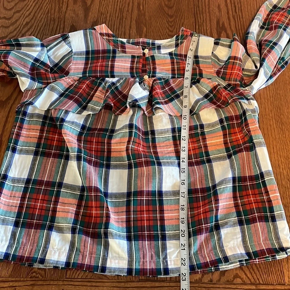 J. Crew women’s plaid pattern blouse top cotton ruffle, metallic accent relax S